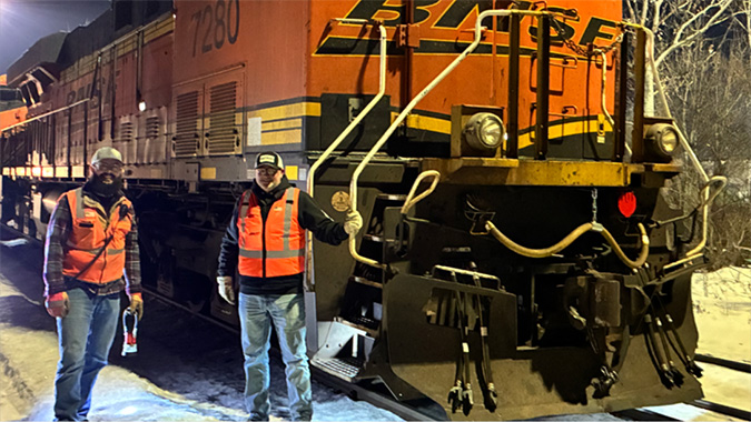 Locomotive Engineer Ben Kerrigan and Conductor Chance Newberry brought the goods to St. Paul, Minnesota. Locomotive Engineer Ben Kerrigan and Conductor Chance Newberry brought the goods to St. Paul, Minnesota.