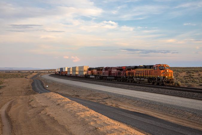 A BNSF intermodal train at Belen. A BNSF intermodal train at Belen.
