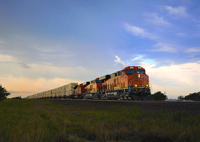 A BNSF Intermodal train operates near BNSF's Alliance Intermodal Facility in north Texas A BNSF Intermodal train operates near BNSF's Alliance Intermodal Facility in north Texas