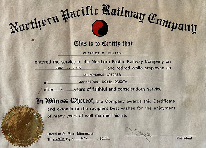 Clarence Elstad's retirement certificate. Clarence Elstad's retirement certificate.