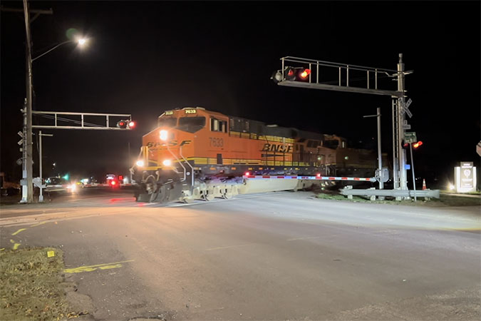The first intermodal train, a high-priority Z train, crosses the new track on the Emporia Sub on Nov. 18. The first intermodal train, a high-priority Z train, crosses the new track on the Emporia Sub on Nov. 18.