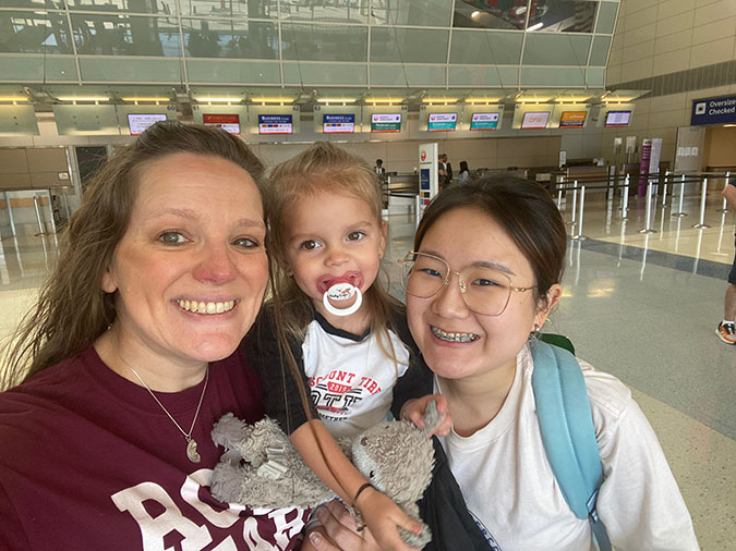 From left to right, Felicia Morgan, her niece, and Ning, the first exchange student she hosted in 2019 From left to right, Felicia Morgan, her niece, and Ning, the first exchange student she hosted in 2019
