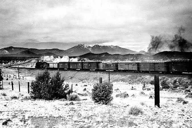 Archival photo of a freight train near Flagstaff Archival photo of a freight train near Flagstaff
