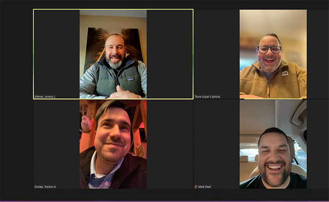 Clockwise from upper left, Jeremy Dittmer, Tom Soper, Mark Fleet and Trent Dunlap stay in touch in numerous ways, such as a quick Zoom chat. Clockwise from upper left, Jeremy Dittmer, Tom Soper, Mark Fleet and Trent Dunlap stay in touch in numerous ways, such as a quick Zoom chat.