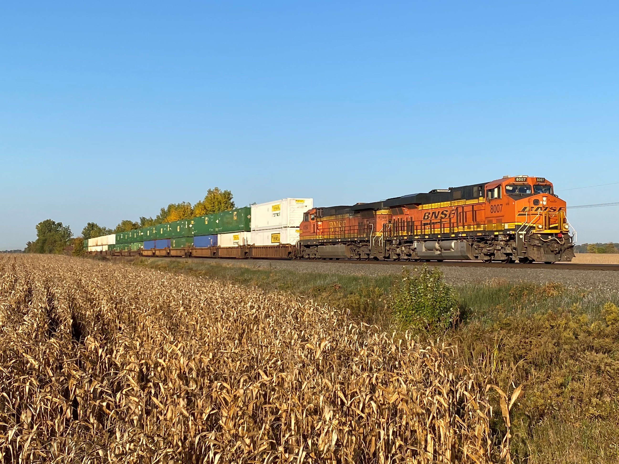 An intermodal train with BNSF locomotives in the lead. Photo taken near Bryan, Ohio, by Chris Wehman. An intermodal train with BNSF locomotives in the lead. Photo taken near Bryan, Ohio, by Chris Wehman.