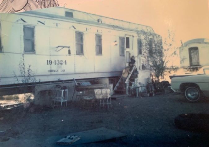 Shane and his brother on the steps of their childhood home: a Santa Fe foreman car at Winslow, Arizona. Shane and his brother on the steps of their childhood home: a Santa Fe foreman car at Winslow, Arizona.