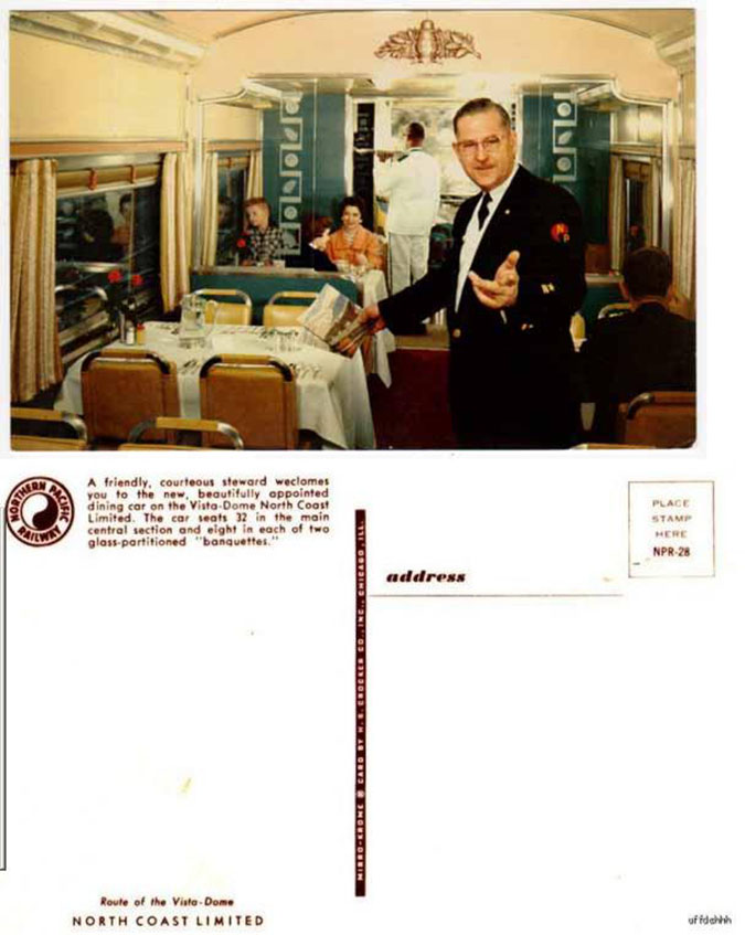Postcard photo of the dining car on Northern Pacific Railway's North Coast Limited Postcard photo of the dining car on Northern Pacific Railway's North Coast Limited