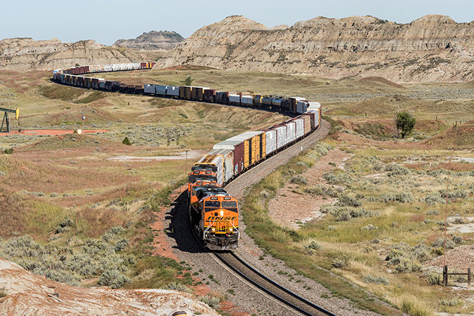 A mixed freight train snakes through Sully Springs, North Dakota, not far from Theodore Roosevelt National Park. A mixed freight train snakes through Sully Springs, North Dakota, not far from Theodore Roosevelt National Park.