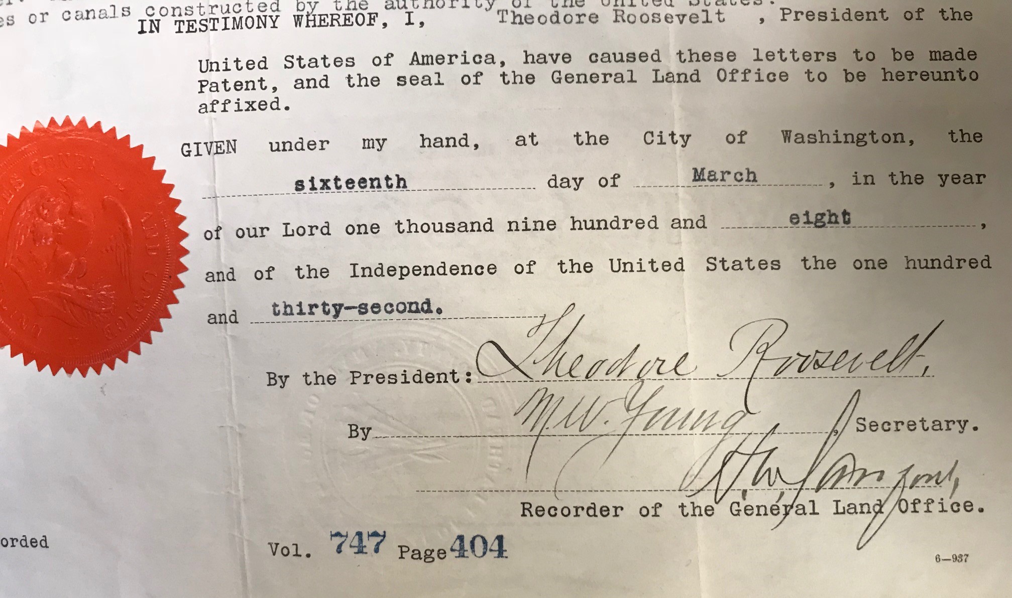 President Theodore Roosevelt signed a land patent providing land near the Grand Canyon Forest Reserve to the Santa Fe Pacific Railroad Company – a holding company for the ATSF – on March 16, 1908. President Theodore Roosevelt signed a land patent providing land near the Grand Canyon Forest Reserve to the Santa Fe Pacific Railroad Company – a holding company for the ATSF – on March 16, 1908.
